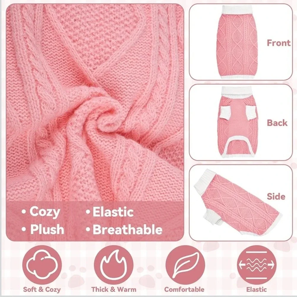 Pink Cable Knit Dog Sweater Turtleneck Warm Pet Jumper Soft Winter Clothes
